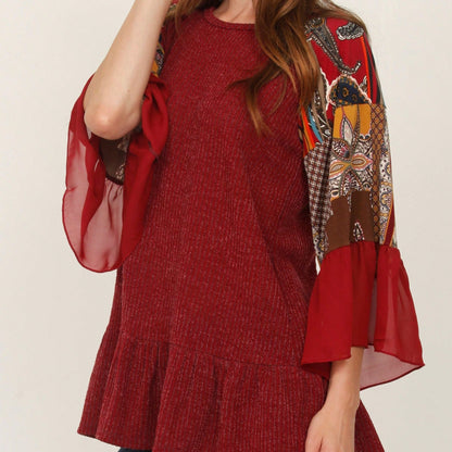 Summer Spring Bell  Boho Vintage Paisley Floral Vine Raglan Sleeve Ruffle Tiered Sleeve Top Sweat Shirt Short Sleeve Blouse | Small -3 XL Plus