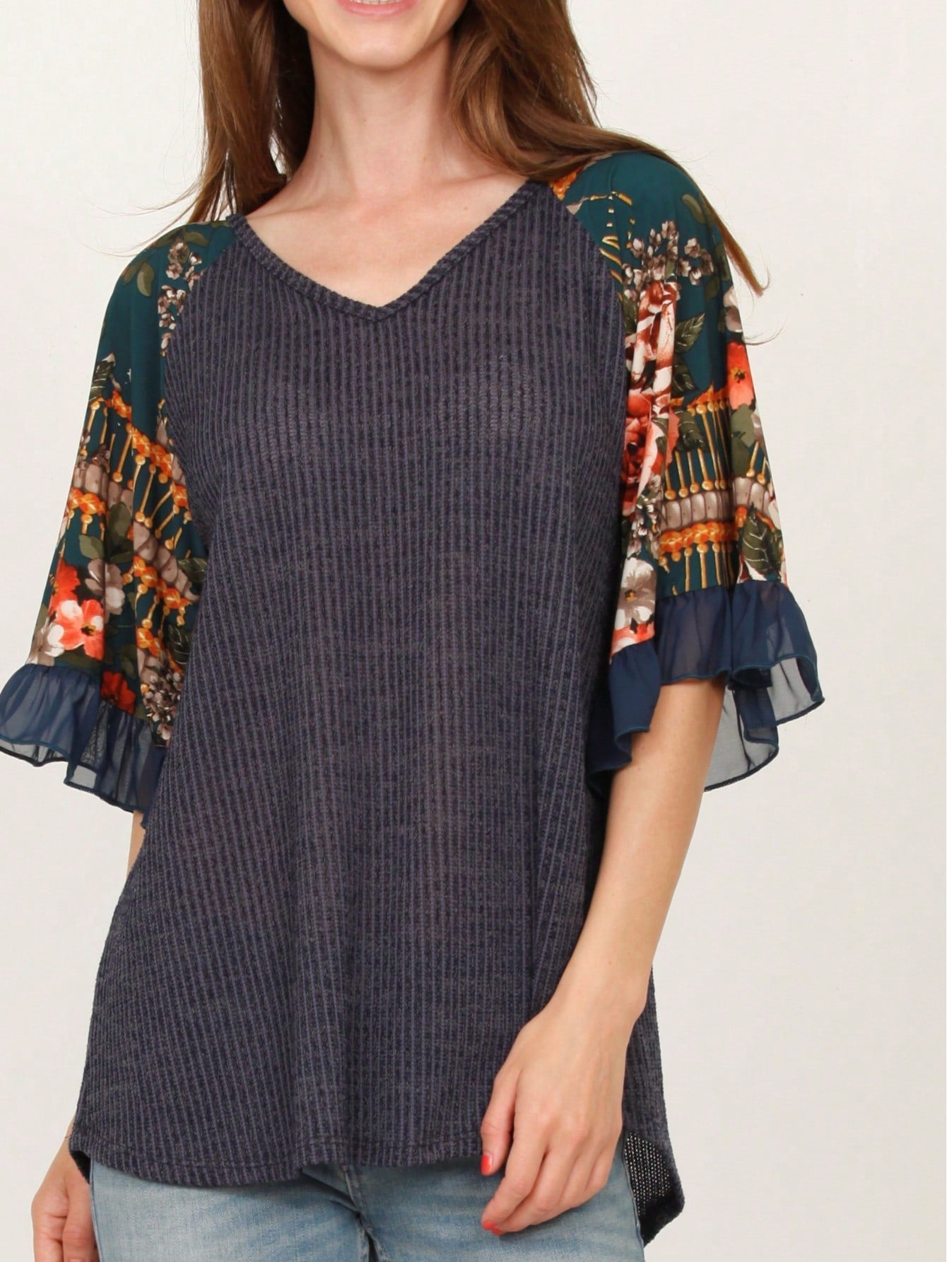 Summer Spring Bell  Boho Vintage Paisley Floral Vine Raglan Sleeve Ruffle Tiered Sleeve Top Sweat Shirt Short Sleeve Blouse | Small -3 XL Plus