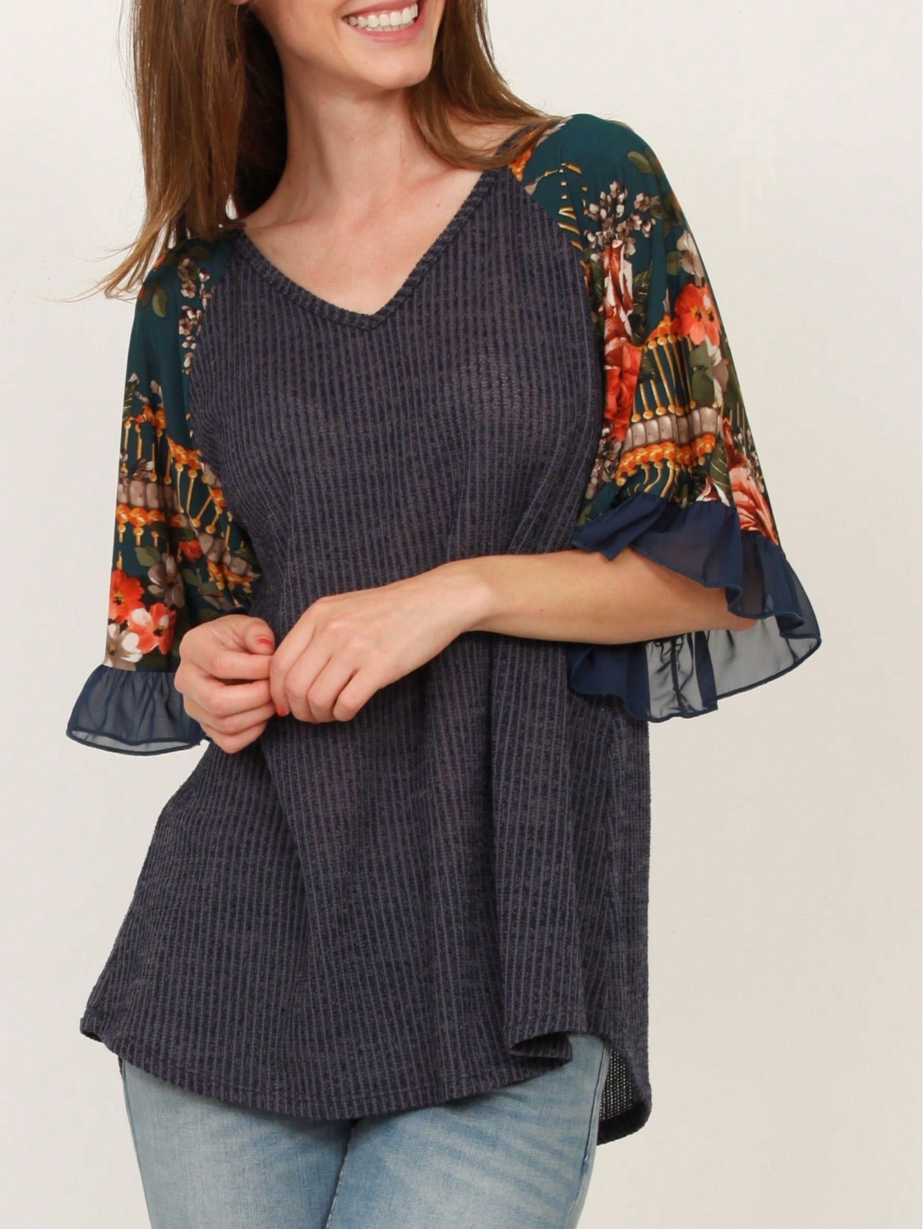 Summer Spring Bell  Boho Vintage Paisley Floral Vine Raglan Sleeve Ruffle Tiered Sleeve Top Sweat Shirt Short Sleeve Blouse | Small -3 XL Plus