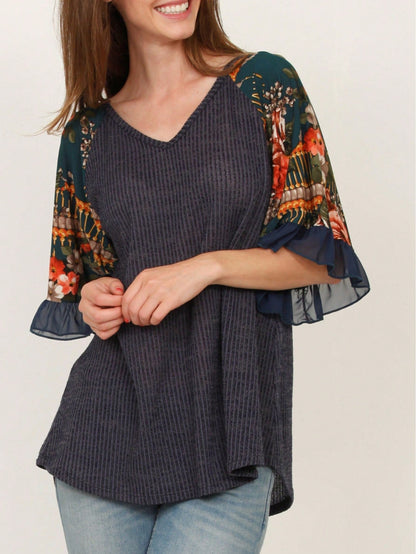 Summer Spring Bell  Boho Vintage Paisley Floral Vine Raglan Sleeve Ruffle Tiered Sleeve Top Sweat Shirt Short Sleeve Blouse | Small -3 XL Plus