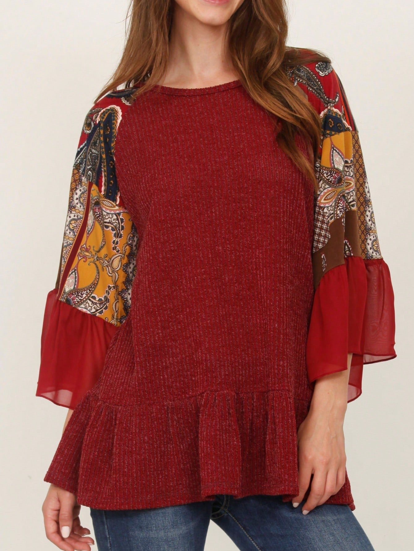 Summer Spring Bell  Boho Vintage Paisley Floral Vine Raglan Sleeve Ruffle Tiered Sleeve Top Sweat Shirt Short Sleeve Blouse | Small -3 XL Plus