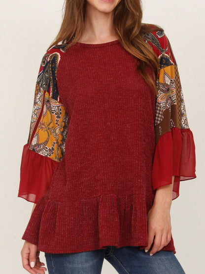 Summer Spring Bell  Boho Vintage Paisley Floral Vine Raglan Sleeve Ruffle Tiered Sleeve Top Sweat Shirt Short Sleeve Blouse | Small -3 XL Plus