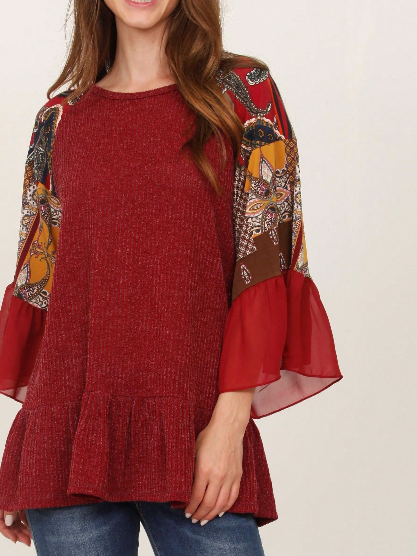 Summer Spring Bell  Boho Vintage Paisley Floral Vine Raglan Sleeve Ruffle Tiered Sleeve Top Sweat Shirt Short Sleeve Blouse | Small -3 XL Plus