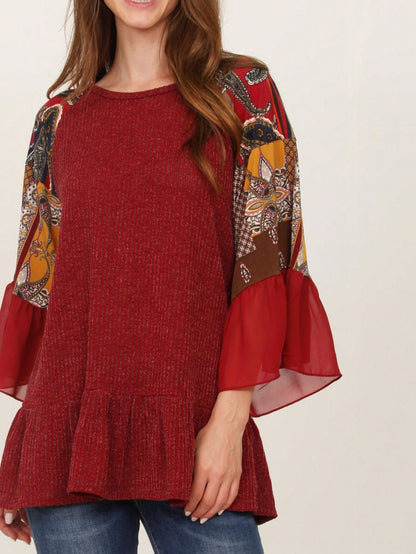Summer Spring Bell  Boho Vintage Paisley Floral Vine Raglan Sleeve Ruffle Tiered Sleeve Top Sweat Shirt Short Sleeve Blouse | Small -3 XL Plus