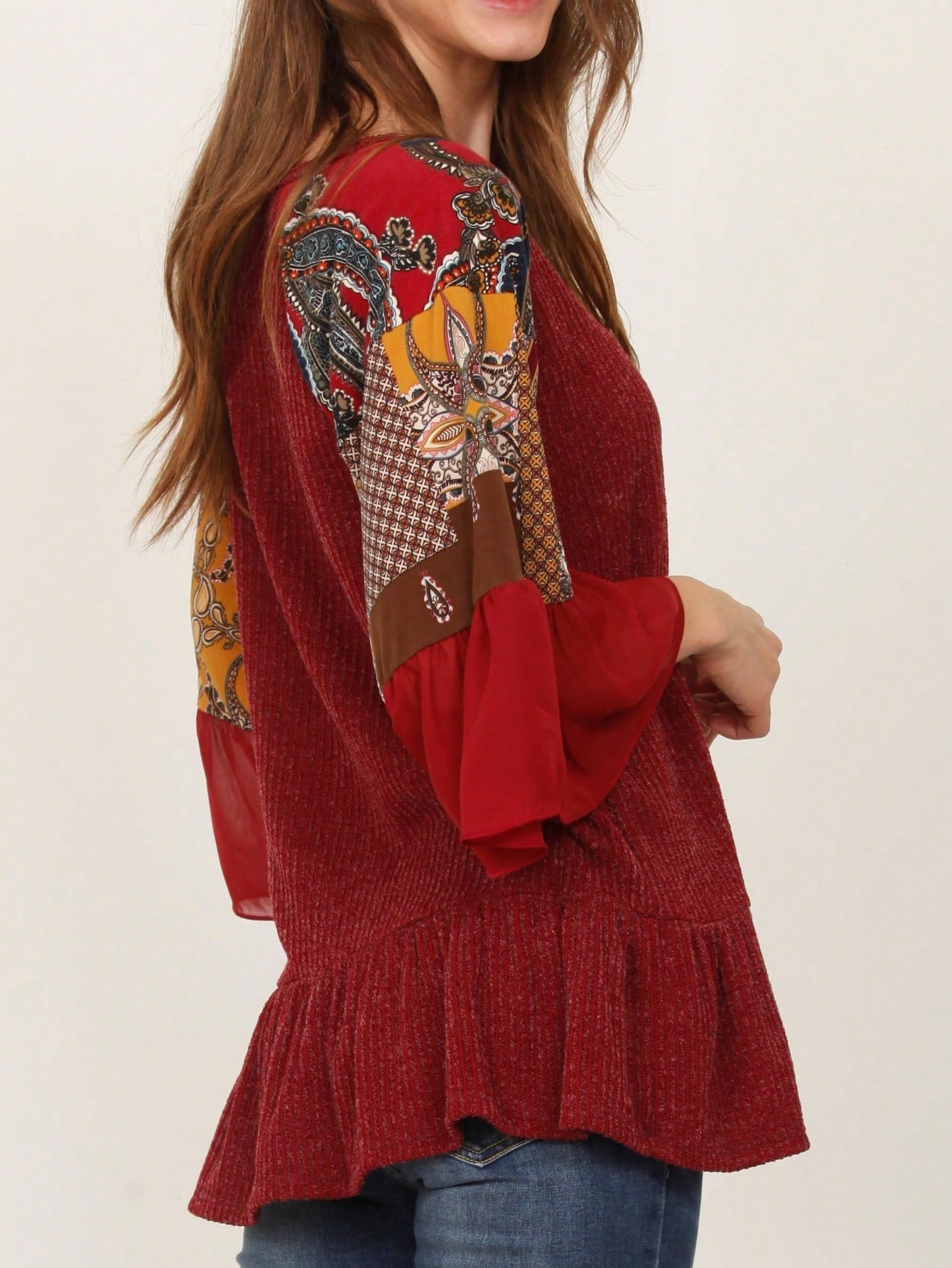 Summer Spring Bell  Boho Vintage Paisley Floral Vine Raglan Sleeve Ruffle Tiered Sleeve Top Sweat Shirt Short Sleeve Blouse | Small -3 XL Plus