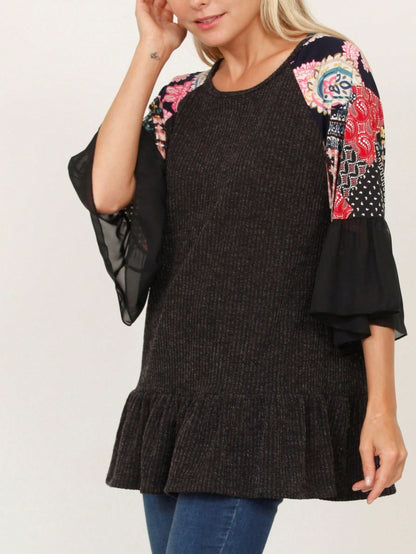 Summer Spring Bell  Boho Vintage Paisley Floral Vine Raglan Sleeve Ruffle Tiered Sleeve Top Sweat Shirt Short Sleeve Blouse | Small -3 XL Plus