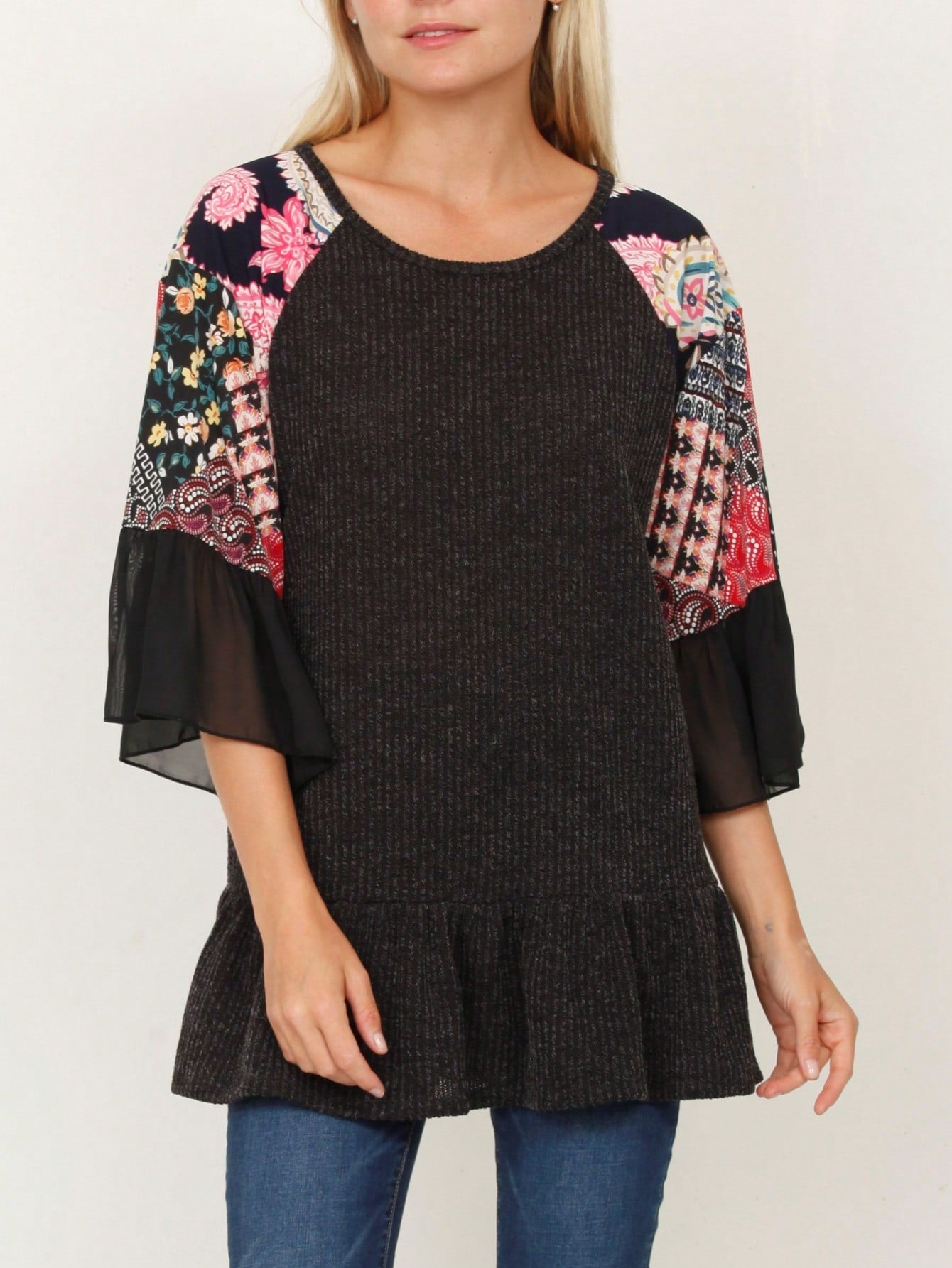 Summer Spring Bell  Boho Vintage Paisley Floral Vine Raglan Sleeve Ruffle Tiered Sleeve Top Sweat Shirt Short Sleeve Blouse | Small -3 XL Plus