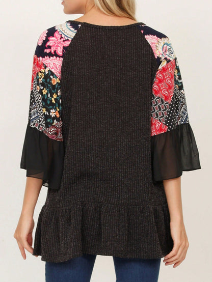Summer Spring Bell  Boho Vintage Paisley Floral Vine Raglan Sleeve Ruffle Tiered Sleeve Top Sweat Shirt Short Sleeve Blouse | Small -3 XL Plus