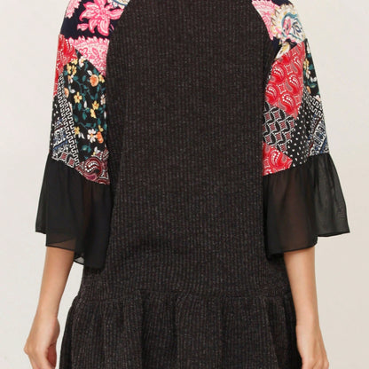 Summer Spring Bell  Boho Vintage Paisley Floral Vine Raglan Sleeve Ruffle Tiered Sleeve Top Sweat Shirt Short Sleeve Blouse | Small -3 XL Plus