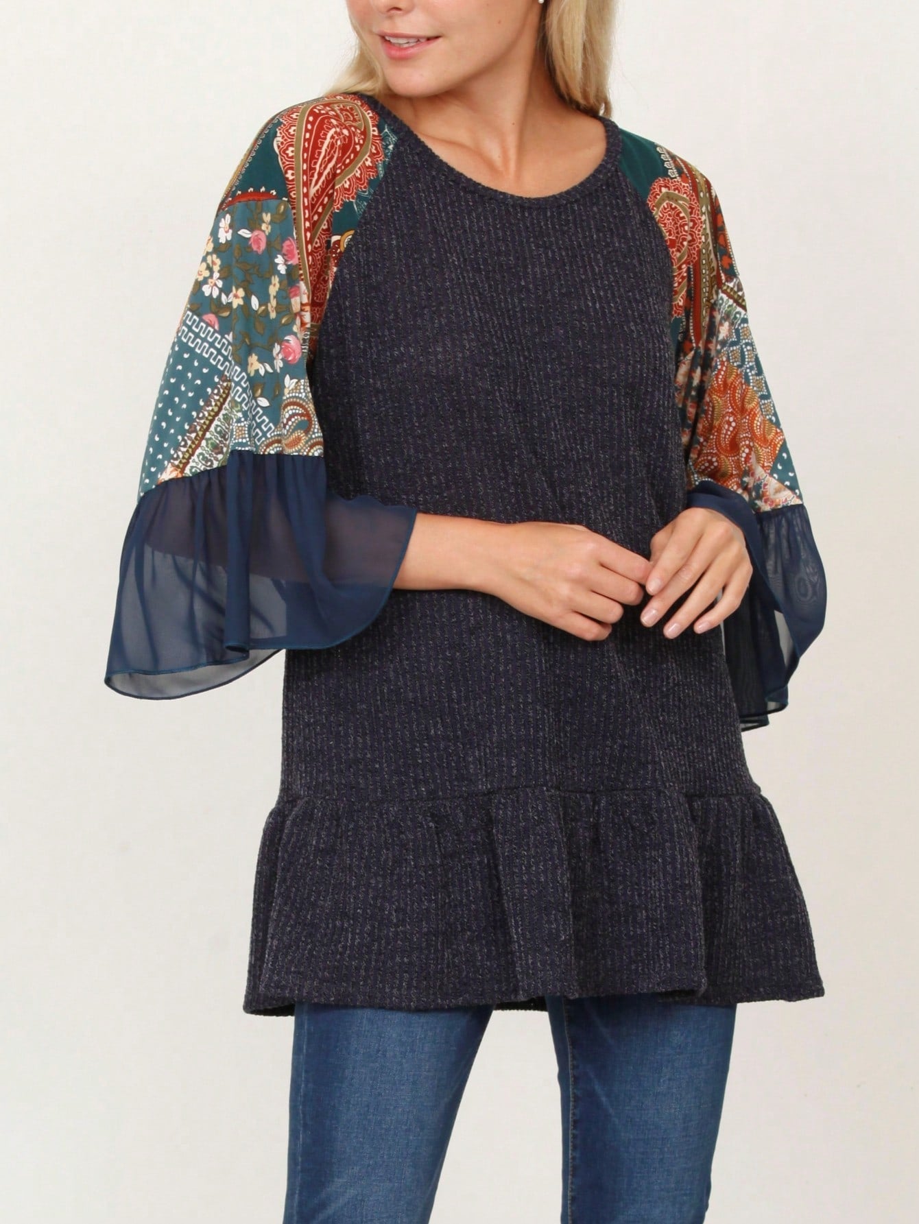 Summer Spring Bell  Boho Vintage Paisley Floral Vine Raglan Sleeve Ruffle Tiered Sleeve Top Sweat Shirt Short Sleeve Blouse | Small -3 XL Plus