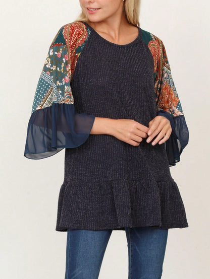 Summer Spring Bell  Boho Vintage Paisley Floral Vine Raglan Sleeve Ruffle Tiered Sleeve Top Sweat Shirt Short Sleeve Blouse | Small -3 XL Plus