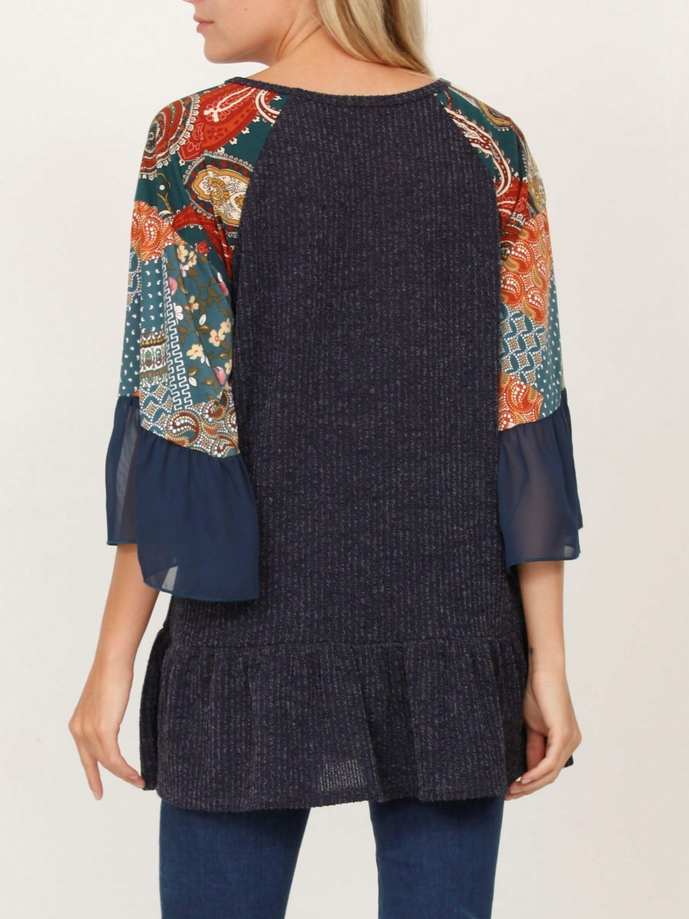 Summer Spring Bell  Boho Vintage Paisley Floral Vine Raglan Sleeve Ruffle Tiered Sleeve Top Sweat Shirt Short Sleeve Blouse | Small -3 XL Plus