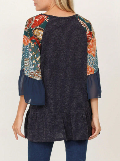 Summer Spring Bell  Boho Vintage Paisley Floral Vine Raglan Sleeve Ruffle Tiered Sleeve Top Sweat Shirt Short Sleeve Blouse | Small -3 XL Plus