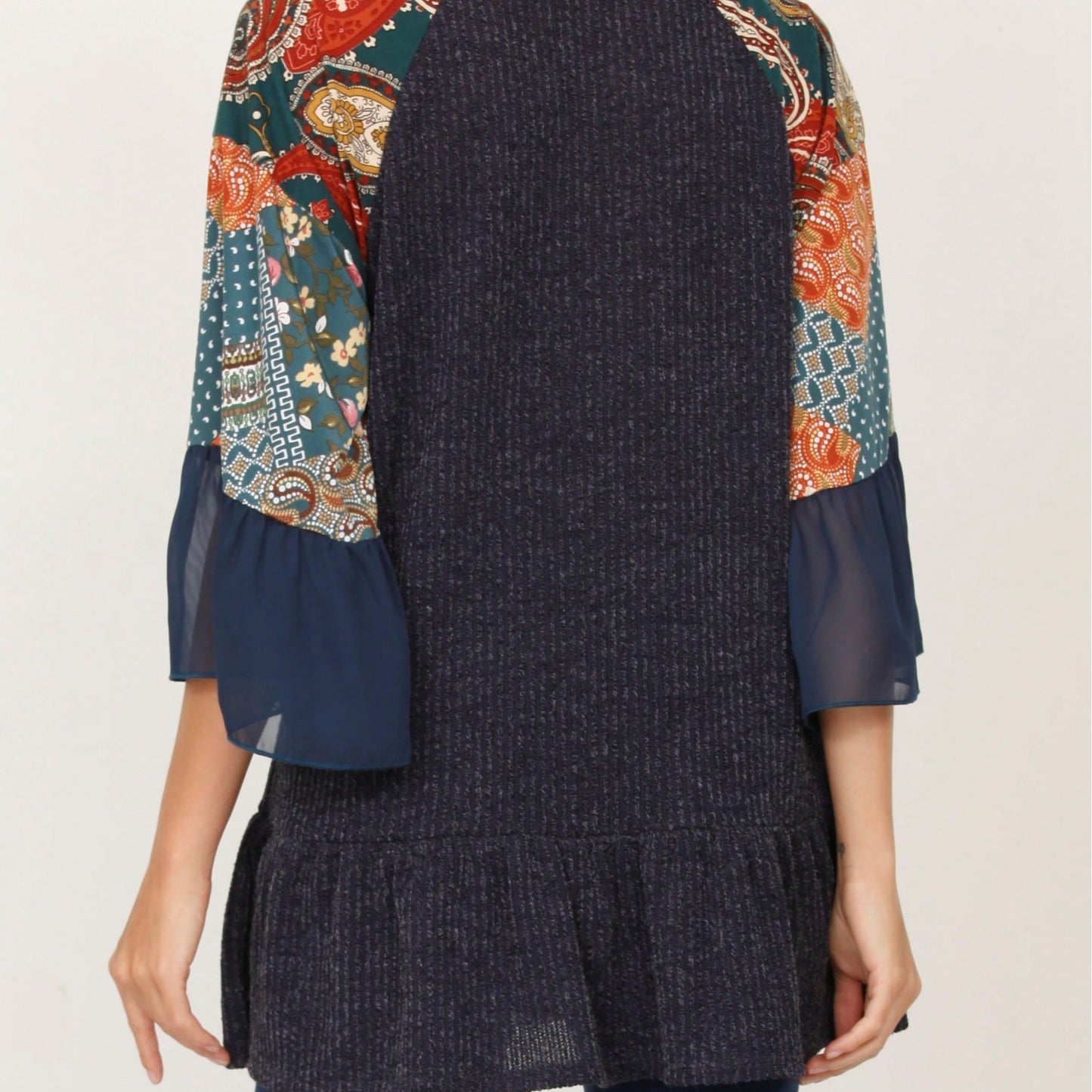 Summer Spring Bell  Boho Vintage Paisley Floral Vine Raglan Sleeve Ruffle Tiered Sleeve Top Sweat Shirt Short Sleeve Blouse | Small -3 XL Plus