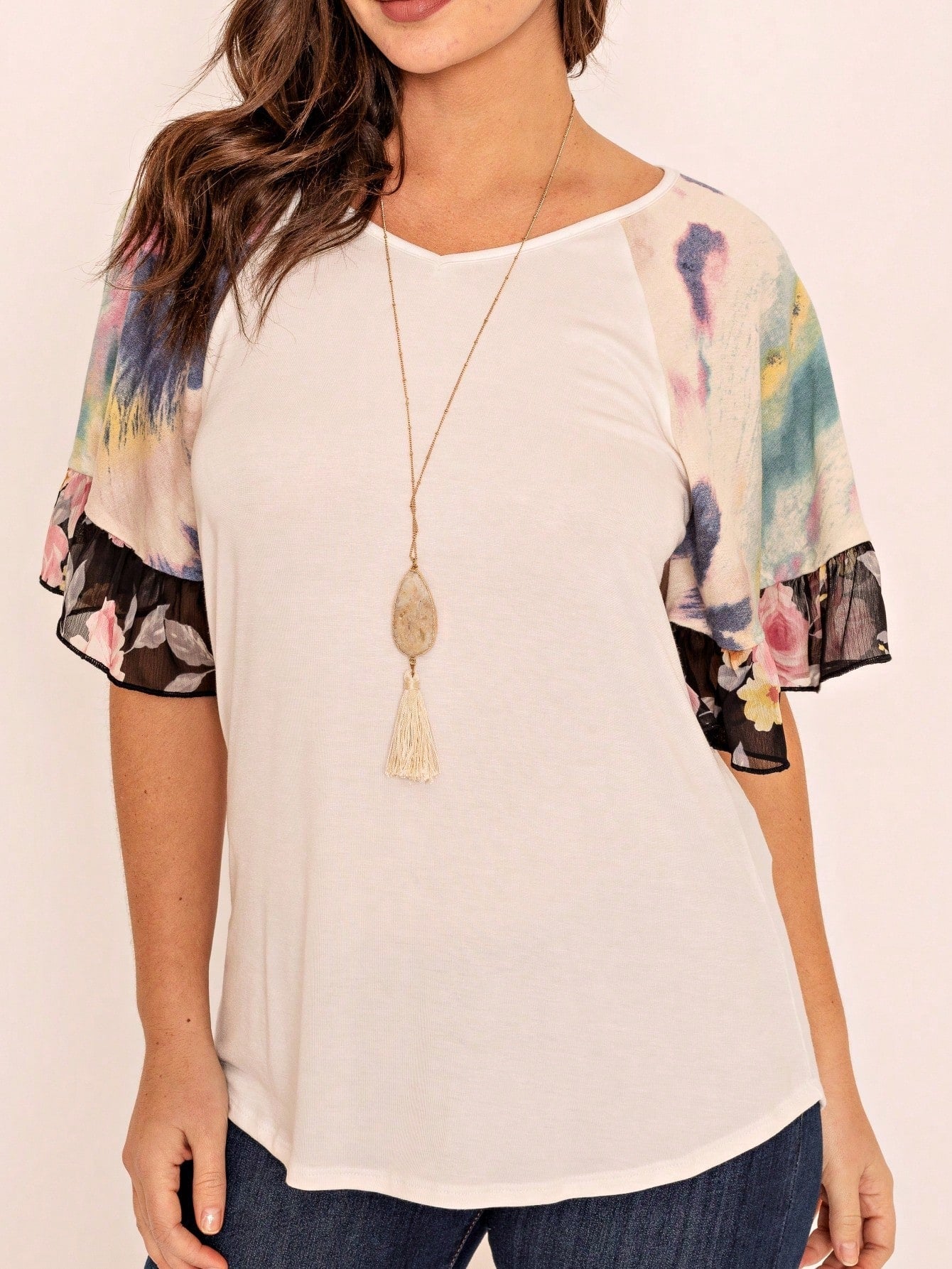 Summer Spring Bell  Boho Vintage Paisley Floral Vine Raglan Sleeve Ruffle Tiered Sleeve Top Sweat Shirt Short Sleeve Blouse | Small -3 XL Plus