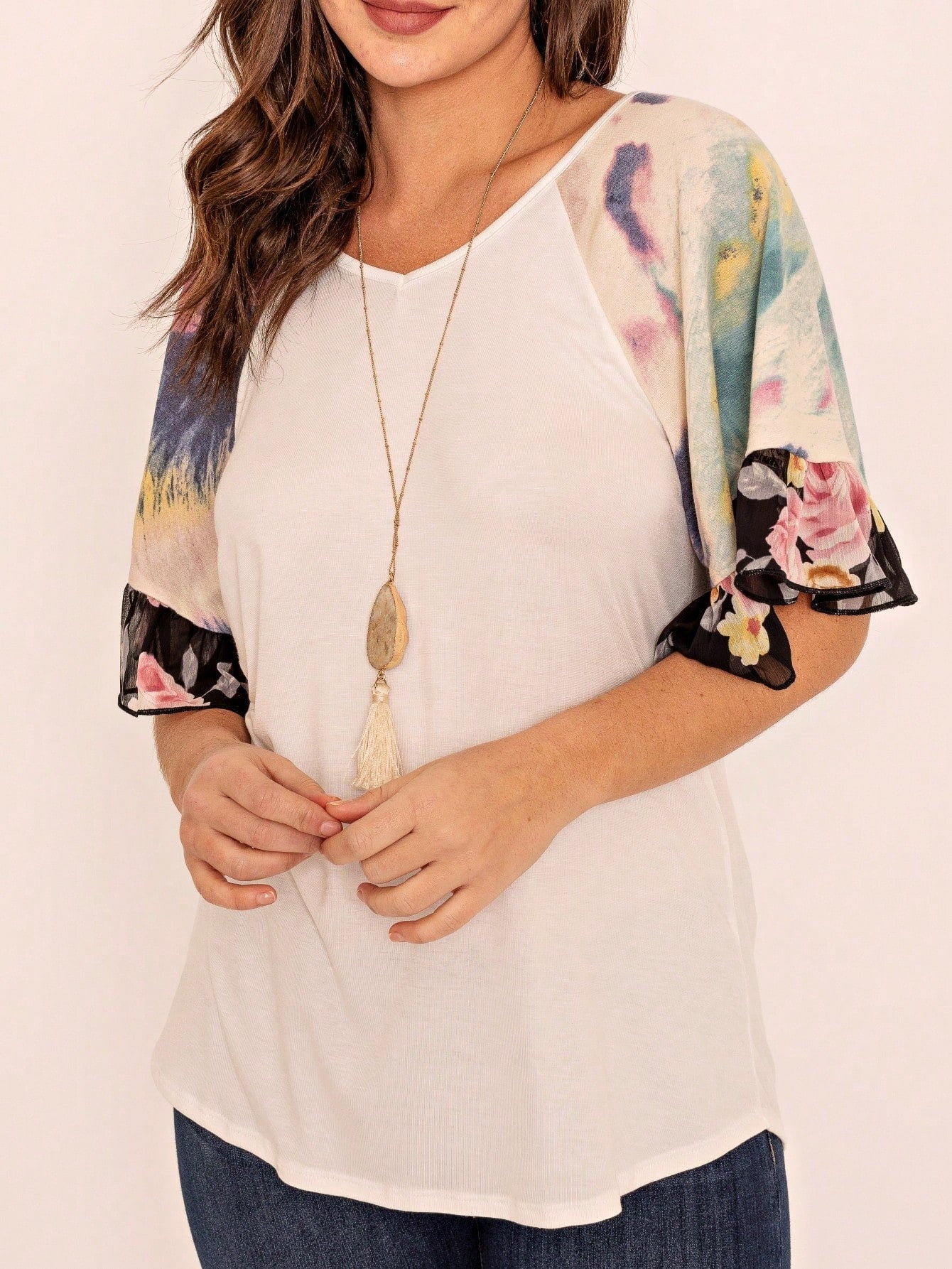 Summer Spring Bell  Boho Vintage Paisley Floral Vine Raglan Sleeve Ruffle Tiered Sleeve Top Sweat Shirt Short Sleeve Blouse | Small -3 XL Plus