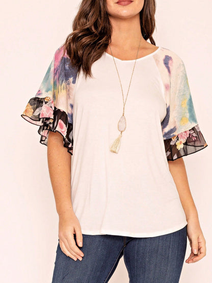 Summer Spring Bell  Boho Vintage Paisley Floral Vine Raglan Sleeve Ruffle Tiered Sleeve Top Sweat Shirt Short Sleeve Blouse | Small -3 XL Plus