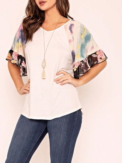 Summer Spring Bell  Boho Vintage Paisley Floral Vine Raglan Sleeve Ruffle Tiered Sleeve Top Sweat Shirt Short Sleeve Blouse | Small -3 XL Plus
