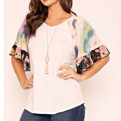 Summer Spring Bell  Boho Vintage Paisley Floral Vine Raglan Sleeve Ruffle Tiered Sleeve Top Sweat Shirt Short Sleeve Blouse | Small -3 XL Plus