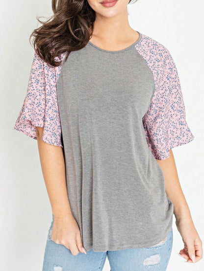 Summer Spring Bell  Boho Vintage Paisley Floral Vine Raglan Sleeve Ruffle Tiered Sleeve Top Sweat Shirt Short Sleeve Blouse | Small -3 XL Plus