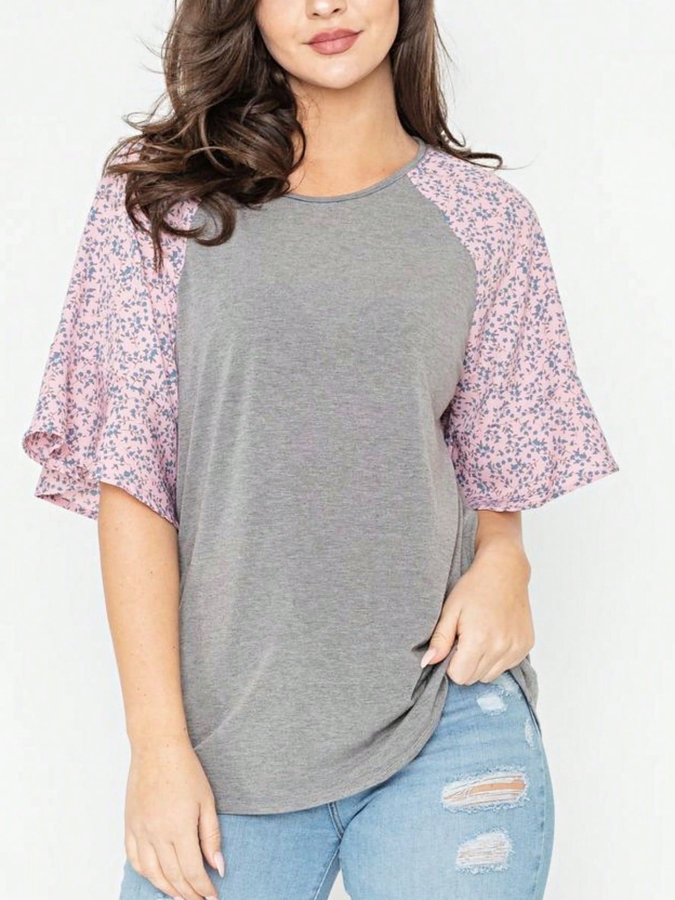 Summer Spring Bell  Boho Vintage Paisley Floral Vine Raglan Sleeve Ruffle Tiered Sleeve Top Sweat Shirt Short Sleeve Blouse | Small -3 XL Plus