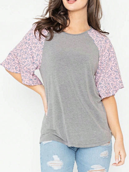 Summer Spring Bell  Boho Vintage Paisley Floral Vine Raglan Sleeve Ruffle Tiered Sleeve Top Sweat Shirt Short Sleeve Blouse | Small -3 XL Plus