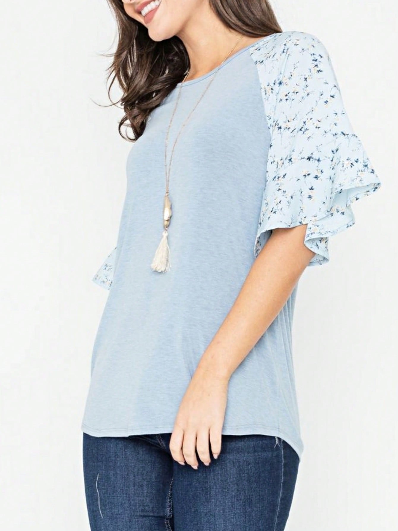 Summer Spring Bell  Boho Vintage Paisley Floral Vine Raglan Sleeve Ruffle Tiered Sleeve Top Sweat Shirt Short Sleeve Blouse | Small -3 XL Plus