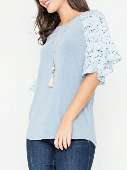 Summer Spring Bell  Boho Vintage Paisley Floral Vine Raglan Sleeve Ruffle Tiered Sleeve Top Sweat Shirt Short Sleeve Blouse | Small -3 XL Plus
