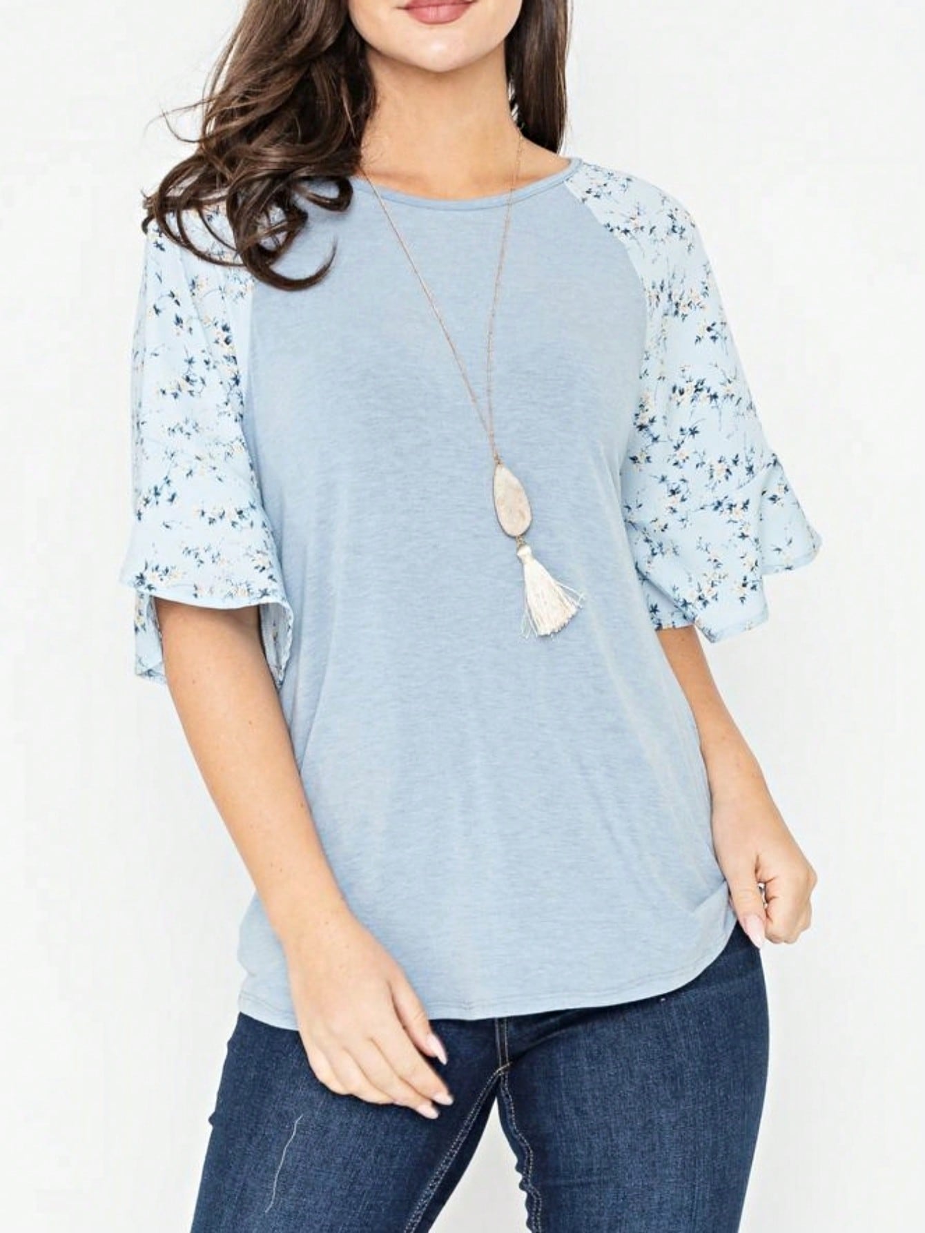 Summer Spring Bell  Boho Vintage Paisley Floral Vine Raglan Sleeve Ruffle Tiered Sleeve Top Sweat Shirt Short Sleeve Blouse | Small -3 XL Plus