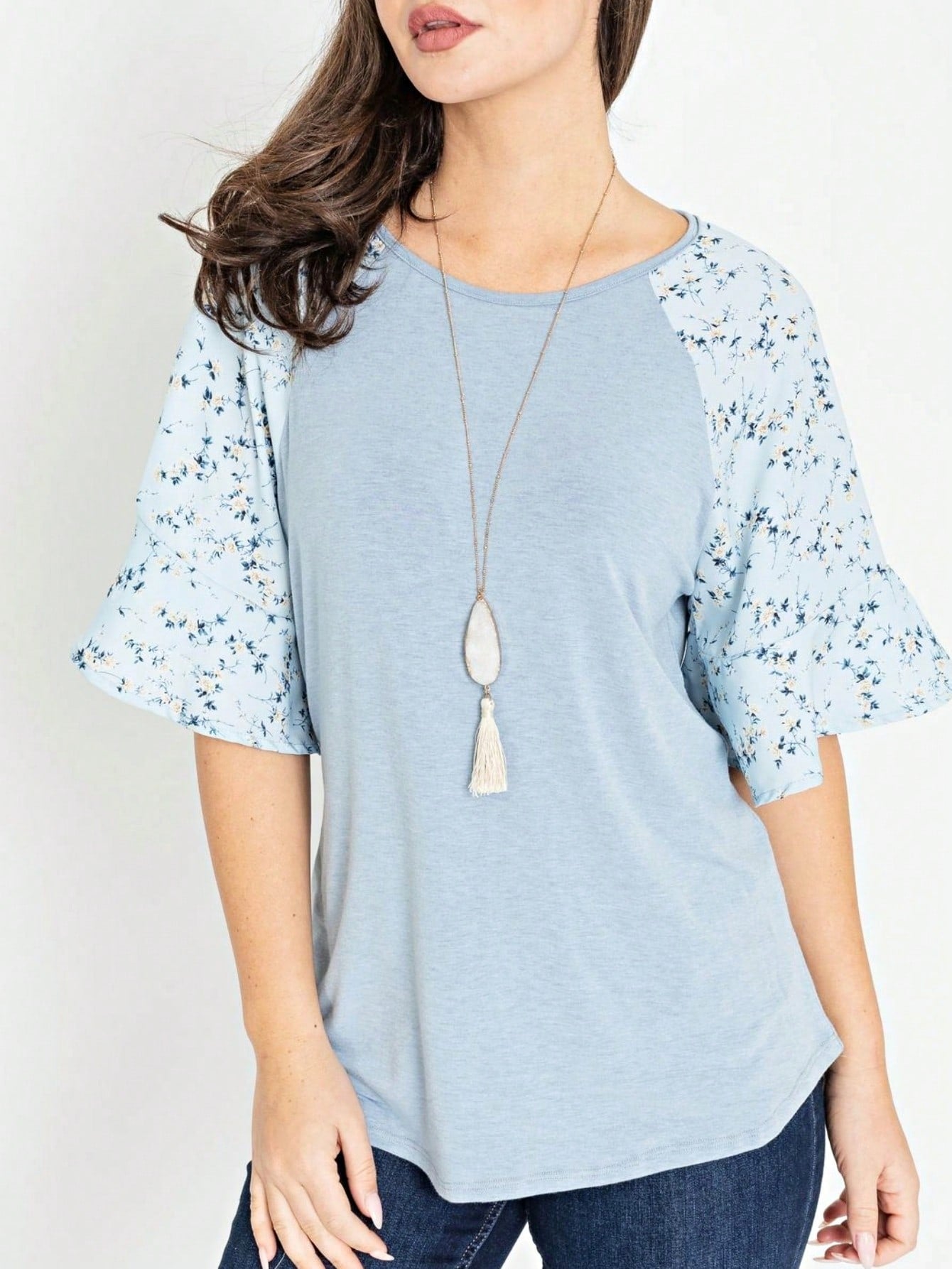 Summer Spring Bell  Boho Vintage Paisley Floral Vine Raglan Sleeve Ruffle Tiered Sleeve Top Sweat Shirt Short Sleeve Blouse | Small -3 XL Plus