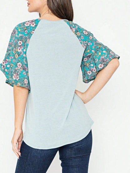 Summer Spring Bell  Boho Vintage Paisley Floral Vine Raglan Sleeve Ruffle Tiered Sleeve Top Sweat Shirt Short Sleeve Blouse | Small -3 XL Plus