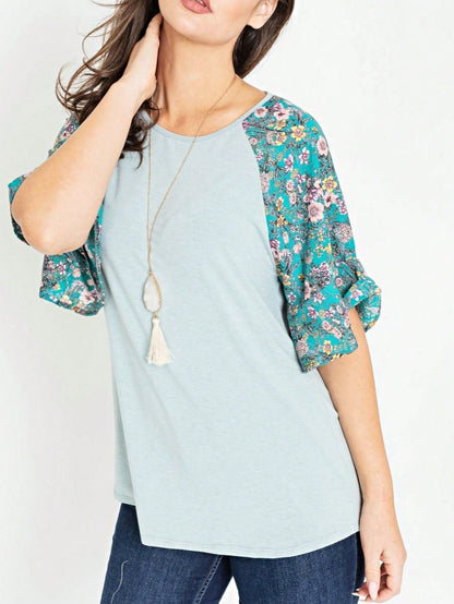 Summer Spring Bell  Boho Vintage Paisley Floral Vine Raglan Sleeve Ruffle Tiered Sleeve Top Sweat Shirt Short Sleeve Blouse | Small -3 XL Plus