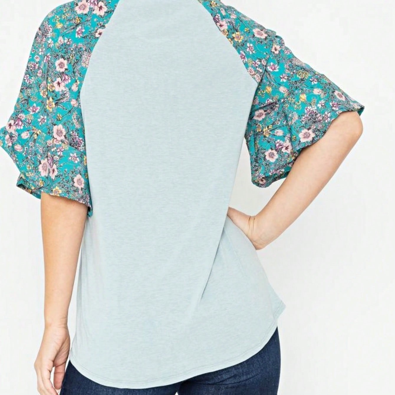 Summer Spring Bell  Boho Vintage Paisley Floral Vine Raglan Sleeve Ruffle Tiered Sleeve Top Sweat Shirt Short Sleeve Blouse | Small -3 XL Plus