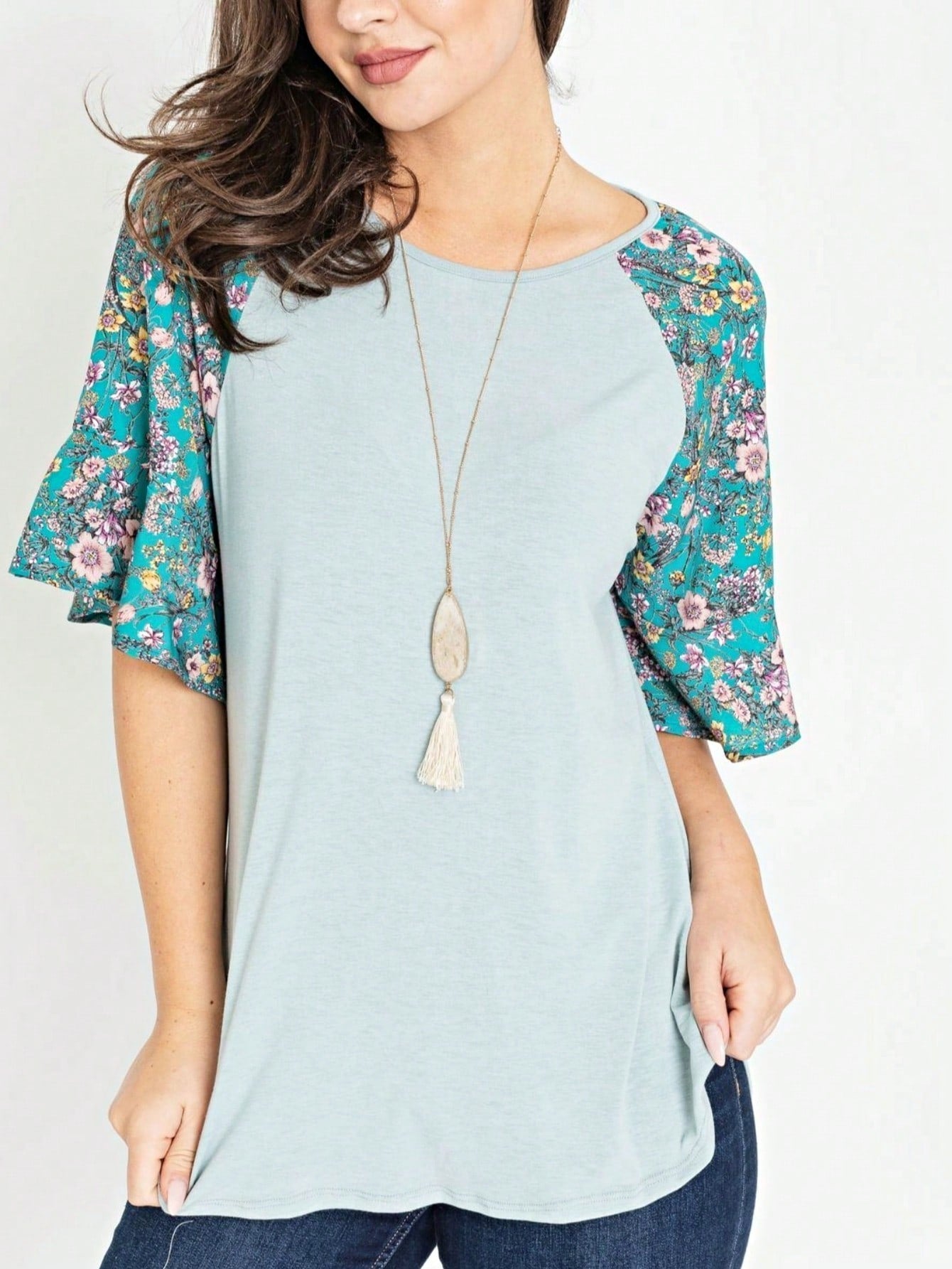 Summer Spring Bell  Boho Vintage Paisley Floral Vine Raglan Sleeve Ruffle Tiered Sleeve Top Sweat Shirt Short Sleeve Blouse | Small -3 XL Plus