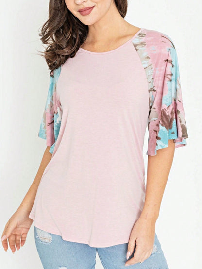 Summer Spring Bell  Boho Vintage Paisley Floral Vine Raglan Sleeve Ruffle Tiered Sleeve Top Sweat Shirt Short Sleeve Blouse | Small -3 XL Plus