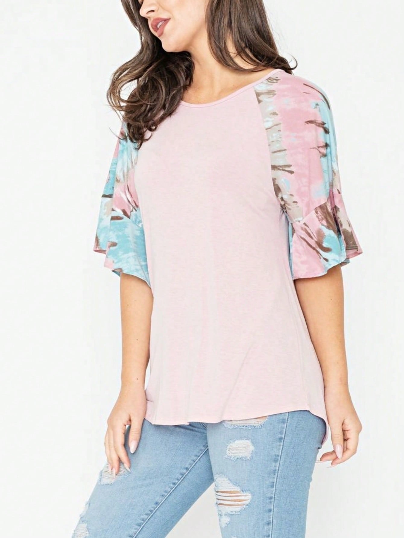 Summer Spring Bell  Boho Vintage Paisley Floral Vine Raglan Sleeve Ruffle Tiered Sleeve Top Sweat Shirt Short Sleeve Blouse | Small -3 XL Plus