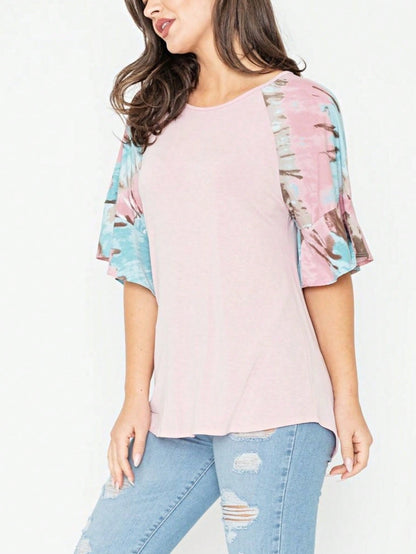 Summer Spring Bell  Boho Vintage Paisley Floral Vine Raglan Sleeve Ruffle Tiered Sleeve Top Sweat Shirt Short Sleeve Blouse | Small -3 XL Plus