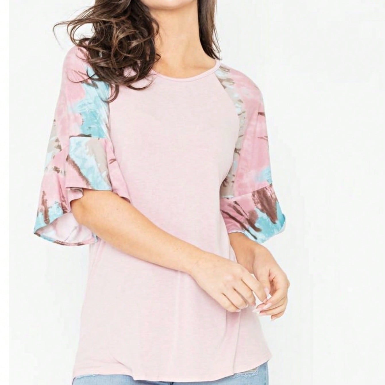 Summer Spring Bell  Boho Vintage Paisley Floral Vine Raglan Sleeve Ruffle Tiered Sleeve Top Sweat Shirt Short Sleeve Blouse | Small -3 XL Plus