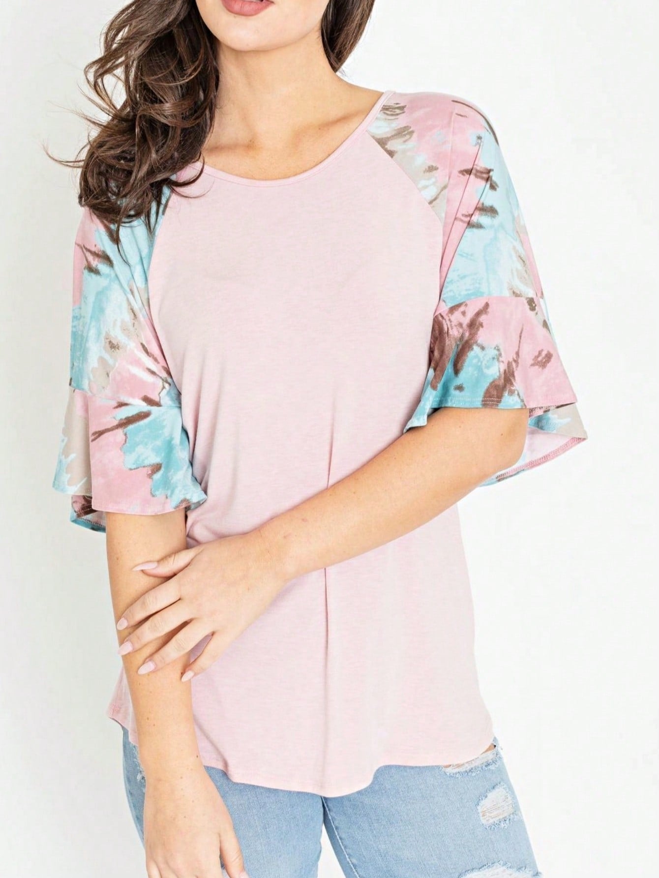 Summer Spring Bell  Boho Vintage Paisley Floral Vine Raglan Sleeve Ruffle Tiered Sleeve Top Sweat Shirt Short Sleeve Blouse | Small -3 XL Plus
