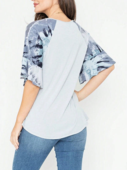 Summer Spring Bell  Boho Vintage Paisley Floral Vine Raglan Sleeve Ruffle Tiered Sleeve Top Sweat Shirt Short Sleeve Blouse | Small -3 XL Plus