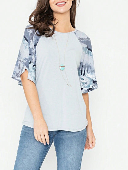 Summer Spring Bell  Boho Vintage Paisley Floral Vine Raglan Sleeve Ruffle Tiered Sleeve Top Sweat Shirt Short Sleeve Blouse | Small -3 XL Plus