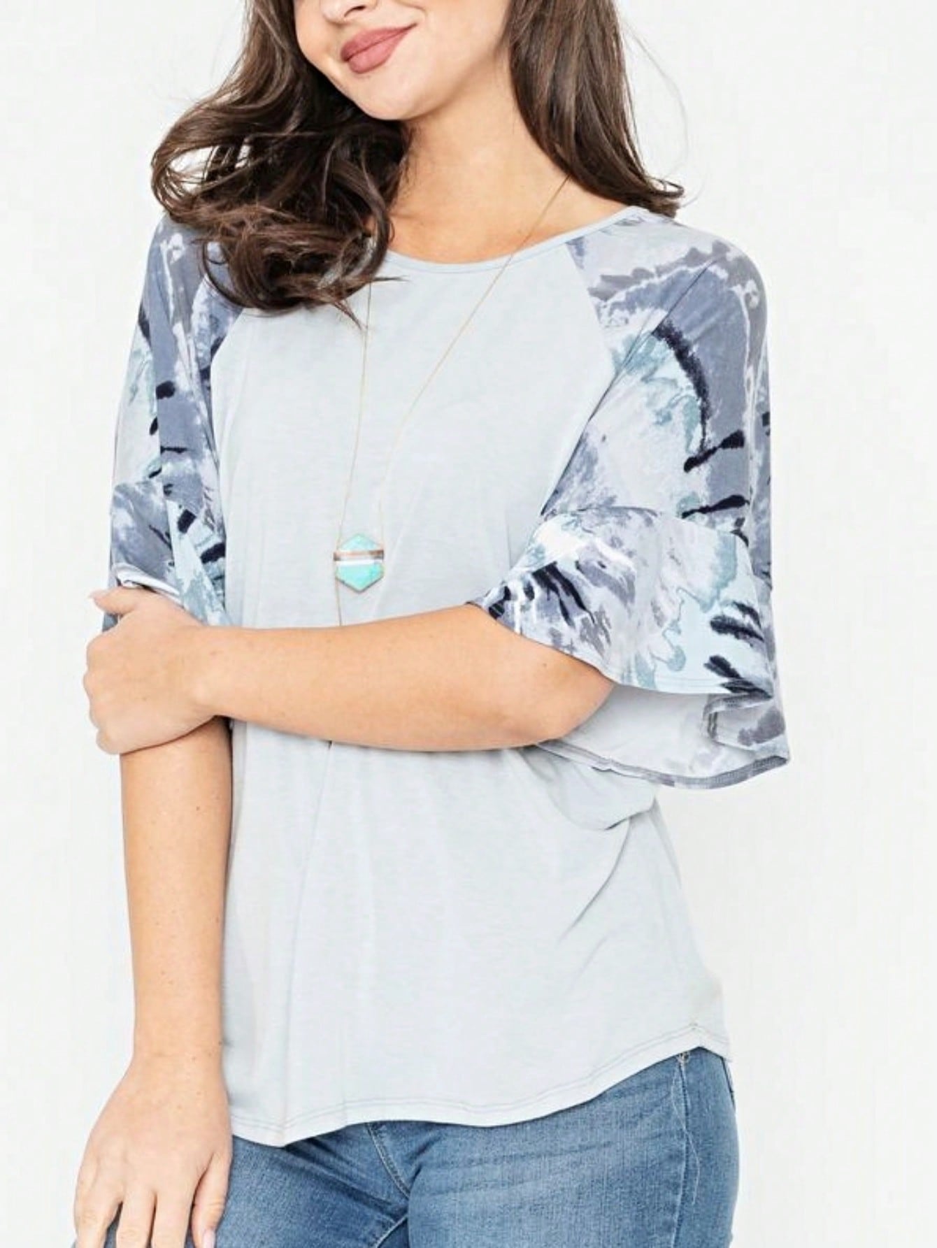 Summer Spring Bell  Boho Vintage Paisley Floral Vine Raglan Sleeve Ruffle Tiered Sleeve Top Sweat Shirt Short Sleeve Blouse | Small -3 XL Plus