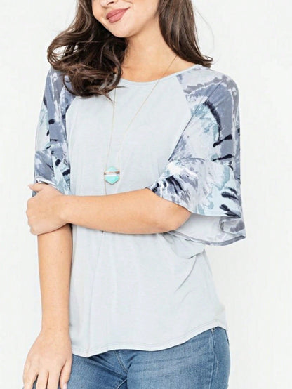 Summer Spring Bell  Boho Vintage Paisley Floral Vine Raglan Sleeve Ruffle Tiered Sleeve Top Sweat Shirt Short Sleeve Blouse | Small -3 XL Plus