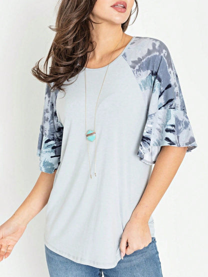Summer Spring Bell  Boho Vintage Paisley Floral Vine Raglan Sleeve Ruffle Tiered Sleeve Top Sweat Shirt Short Sleeve Blouse | Small -3 XL Plus