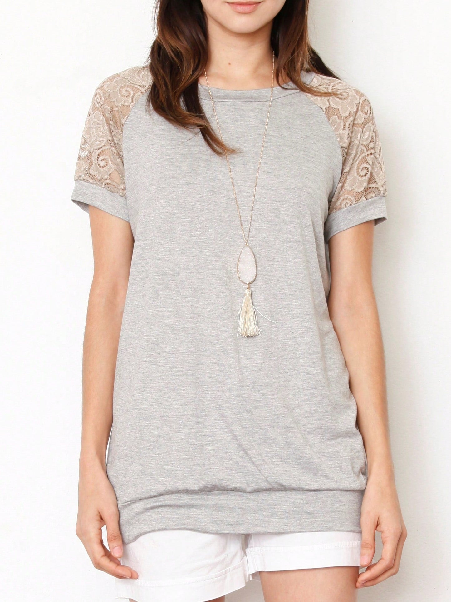 Stripe Raglan Sleeve Pocket Front Short Tunic Top Side Slit Navy Blue