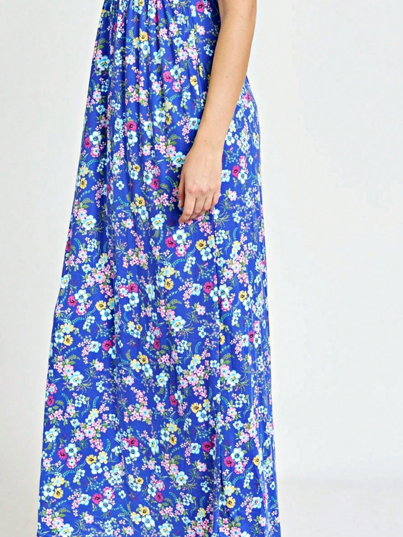 Boho Retro Multi Ditsy Floral Stripe Blue Charcoal Black Coral Short Sleeve Maxi Long Dress With Pocket | S-3X
