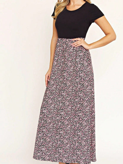 Boho Retro Multi Ditsy Floral Stripe Blue Charcoal Black Coral Short Sleeve Maxi Long Dress With Pocket | S-3X