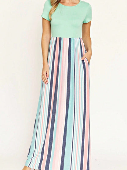 Boho Retro Multi Ditsy Floral Stripe Blue Charcoal Black Coral Short Sleeve Maxi Long Dress With Pocket | S-3X