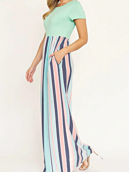 Boho Retro Multi Ditsy Floral Stripe Blue Charcoal Black Coral Short Sleeve Maxi Long Dress With Pocket | S-3X