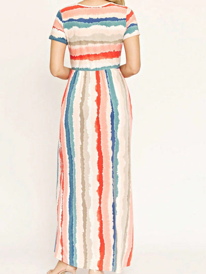Boho Retro Multi Ditsy Floral Stripe Blue Charcoal Black Coral Short Sleeve Maxi Long Dress With Pocket | S-3X